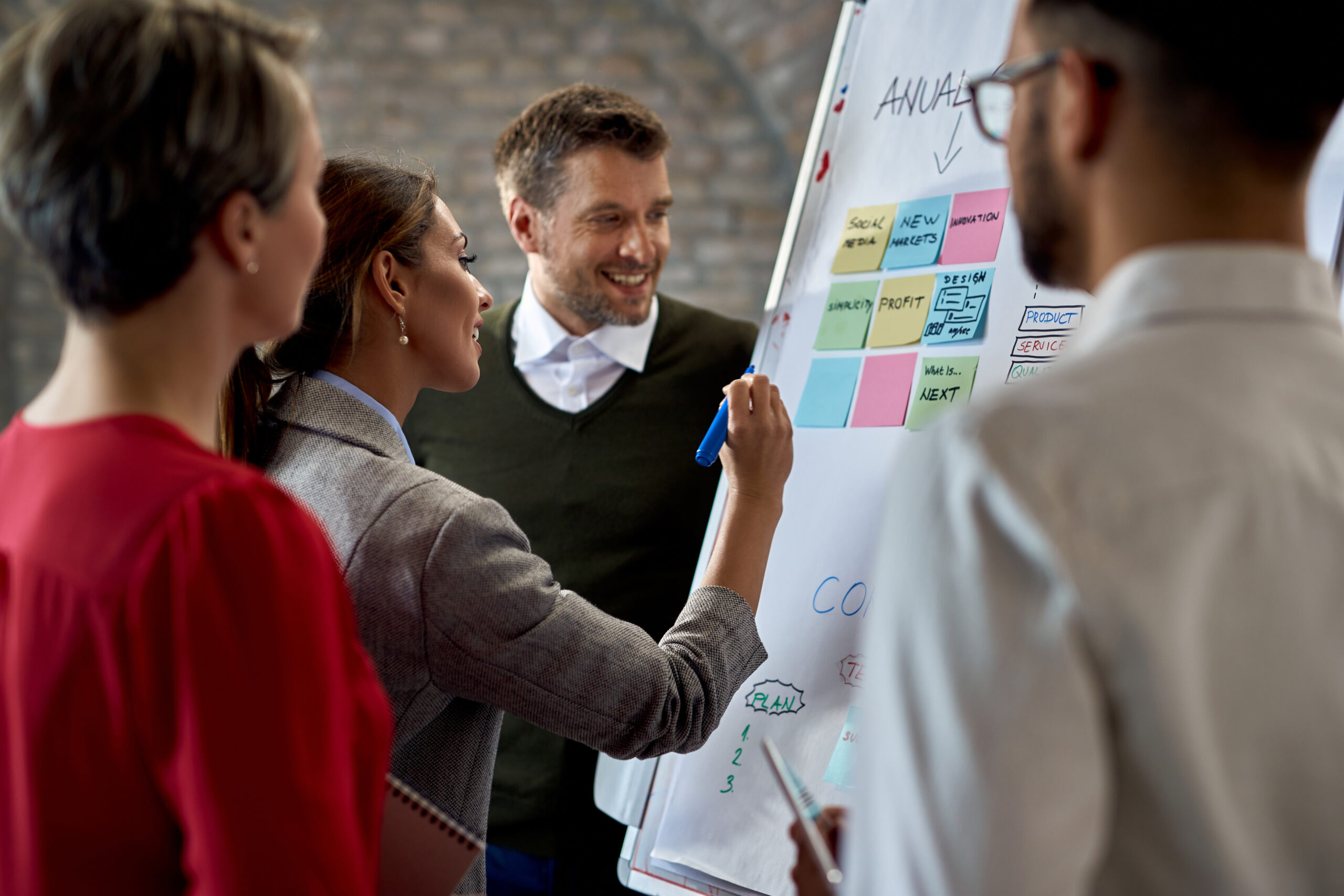Young businesswoman and her coworkers creating a mind map on whi
